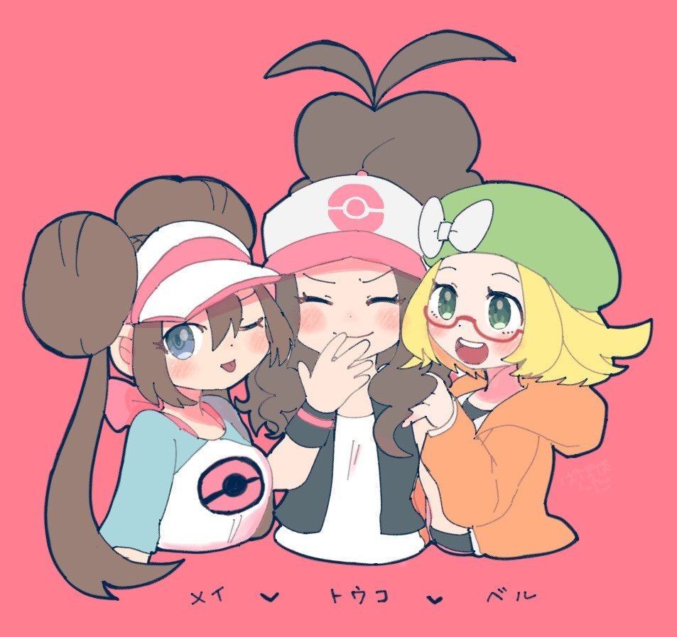 3girls, ;p, bianca_(pokemon), black_vest, black_wristband, blonde_hair, blue_eyes, bow, brown_hair, closed_eyes, closed_mouth, double_bun, facing_viewer, glasses, green_eyes, green_hat, hair_between_eyes, hair_bun, hat, hat_bow, high_ponytail, hilda_(pokemon), jacket, long_hair, long_sleeves, looking_at_viewer, multiple_girls, one_eye_closed, open_clothes, open_jacket, open_mouth, open_vest, orange_jacket, pandakokkopanda, pokemon, pokemon_bw, pokemon_bw2, red-framed_eyewear, red_background, rosa_(pokemon), shirt, short_hair, teeth, tongue, tongue_out, upper_body, upper_teeth_only, vest, visor_cap, white_bow, white_hat, white_shirt