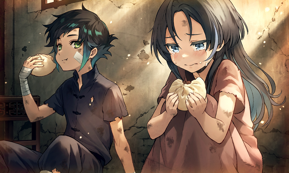 1boy, 1girl, aged_down, bandaged_arm, bandages, bandaid, bandaid_on_cheek, bandaid_on_face, baozi, black_hair, black_shirt, blue_eyes, child, closed_mouth, dare_ga_tame_no_alchemist, dirty, dirty_clothes, dirty_face, dress, food, green_eyes, hair_between_eyes, hugging_own_legs, official_art, pink_dress, rui_(dare_ga_tame_no_alchemist), shandy_(dare_ga_tame_no_alchemist), shirt, short_sleeves, tearing_up, tears