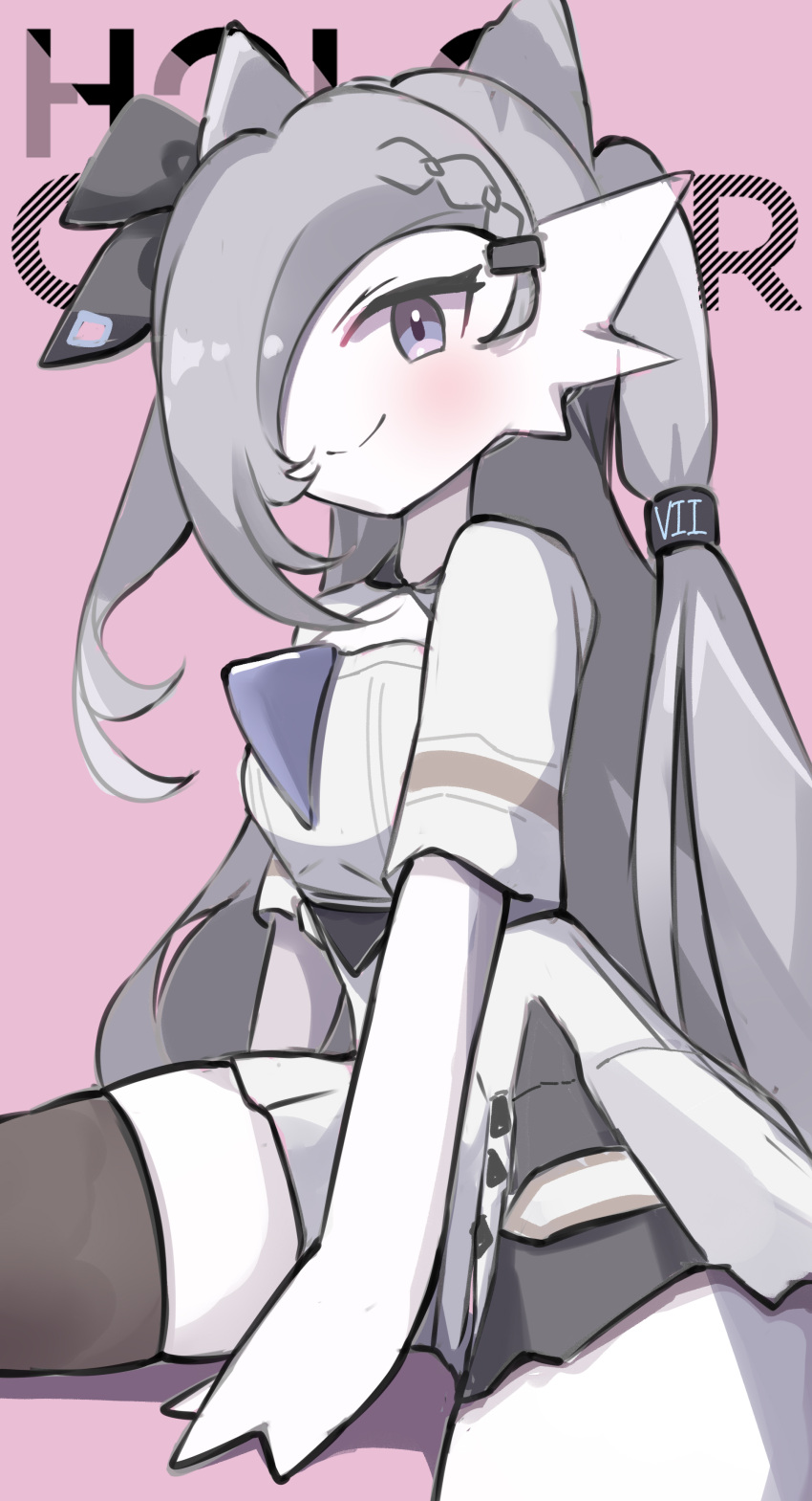 1girl, absurdres, blue_eyes, colored_skin, cone_hair_bun, gardevoir, grey_hair, hair_bun, hair_over_one_eye, highres, hololive, hololive_indonesia, long_hair, looking_at_viewer, pokemon, pokemon_(creature), rokusketch, smile, solo, vestia_zeta, virtual_youtuber, white_skin