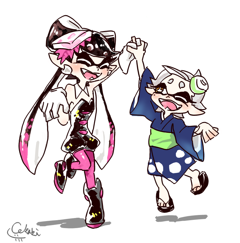 +_+, 2girls, aged_down, callie_(splatoon), closed_eyes, cousins, holding_hands, japanese_clothes