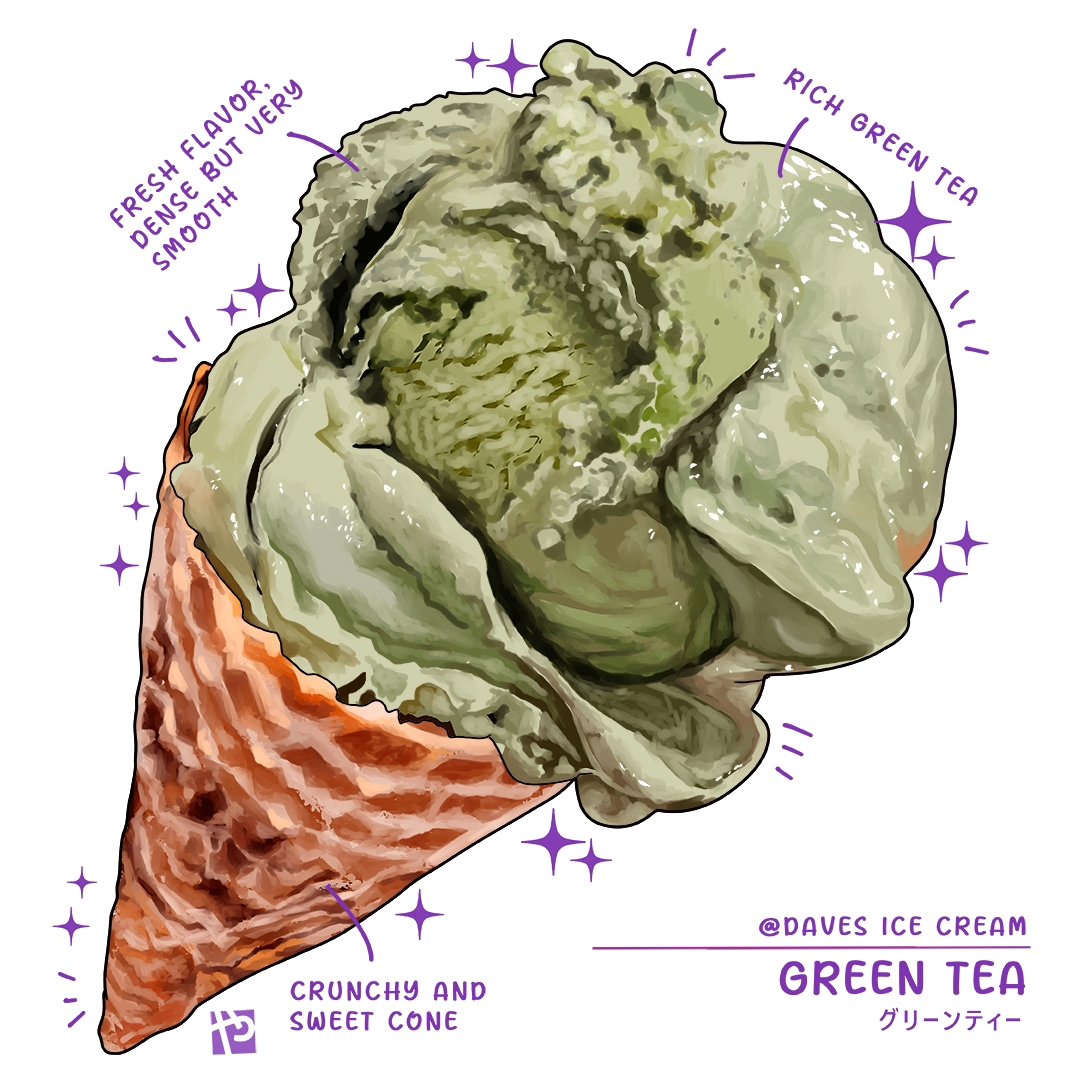 english_commentary, food, food_focus, green_tea, green_tea_(flavor), ice_cream, ice_cream_cone, no_humans
