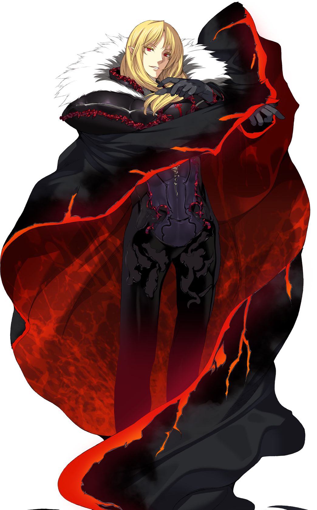 1boy, aizel, armor, black_armor, black_gloves, blonde_hair, cape, full_body, fur_trim, gloves, highres, long_hair, looking_at_viewer, official_art, orion_(orionproject), pointy_ears, rance_(series), rance_03, red_cape, red_eyes, smile, solo, two-tone_cape