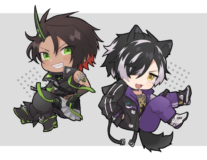 animal_ears, aragami_oga, aragami_oga_(4th_costume), black_choker, black_footwear, black_hair, black_horns, black_jacket, black_shirt, boots, brown_hair, chibi, choker, colored_inner_hair, commentary_request, dark-skinned_male, dark_skin, fang, green_eyes, grey_background, hair_over_one_eye, hand_in_pocket, holostars, horns, jackal_boy, jackal_ears, jackal_tail, jacket, kageyama_shien, kageyama_shien_(4th_costume), letterboxed, mafia_(holostars), male_focus, mioto_(tsubsq_m), multicolored_hair, open_clothes, open_jacket, pants, pouch, print_shirt, purple_pants, redhead, sharp_teeth, shirt, short_hair, single_horn, skin_fang, streaked_hair, teeth, thigh_pouch, torn_clothes, torn_shirt, two-sided_fabric, two-sided_jacket, two-tone_hair, virtual_youtuber, white_hair, yellow_eyes, zipper