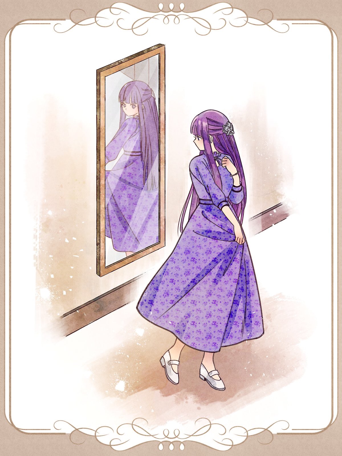 1girl, border, brown_border, commentary_request, dress, fern_(sousou_no_frieren), full_body, highres