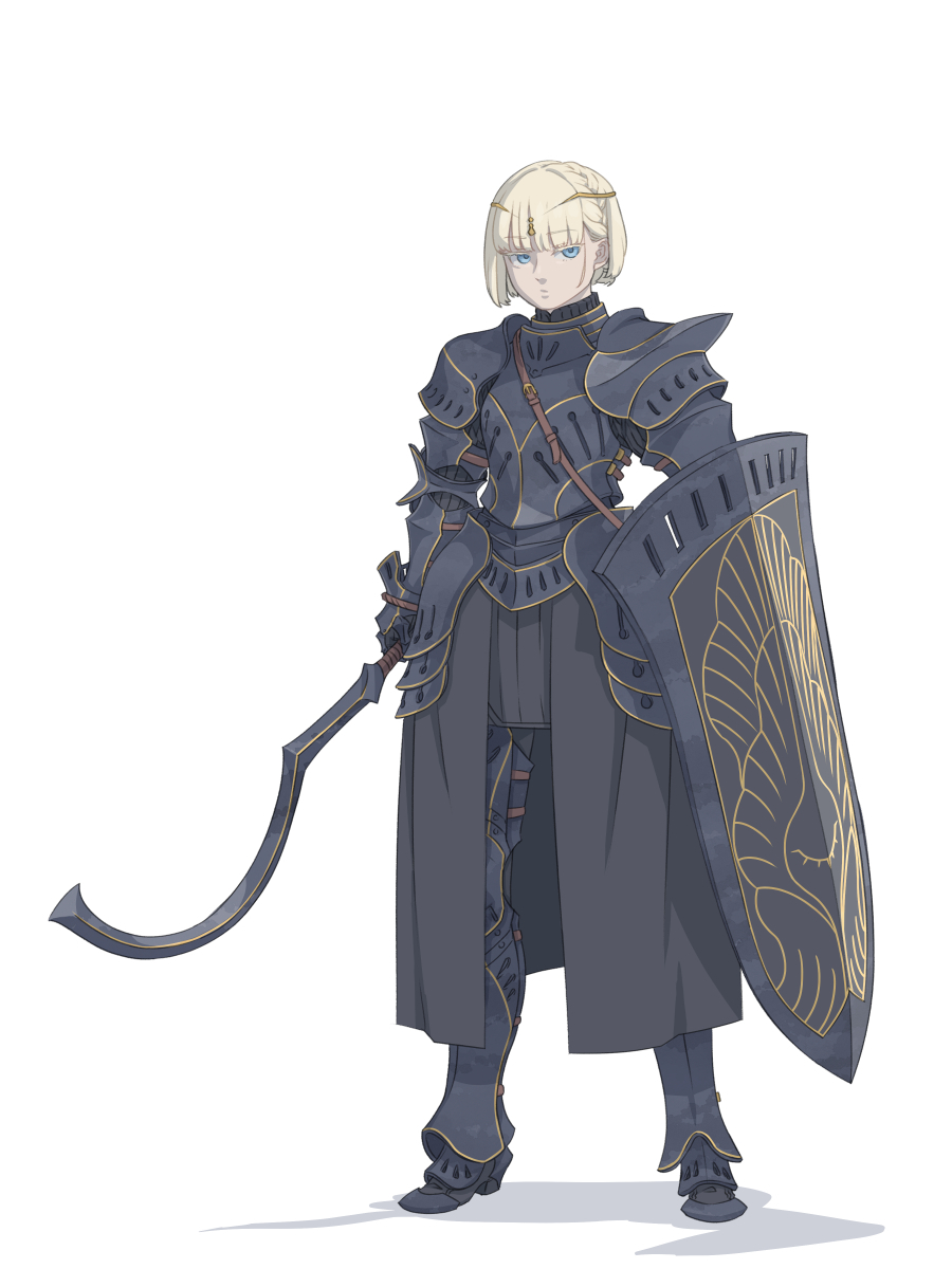 armor, black_armor, blonde_hair, blue_eyes, blunt_bangs, boots, full_body, highres