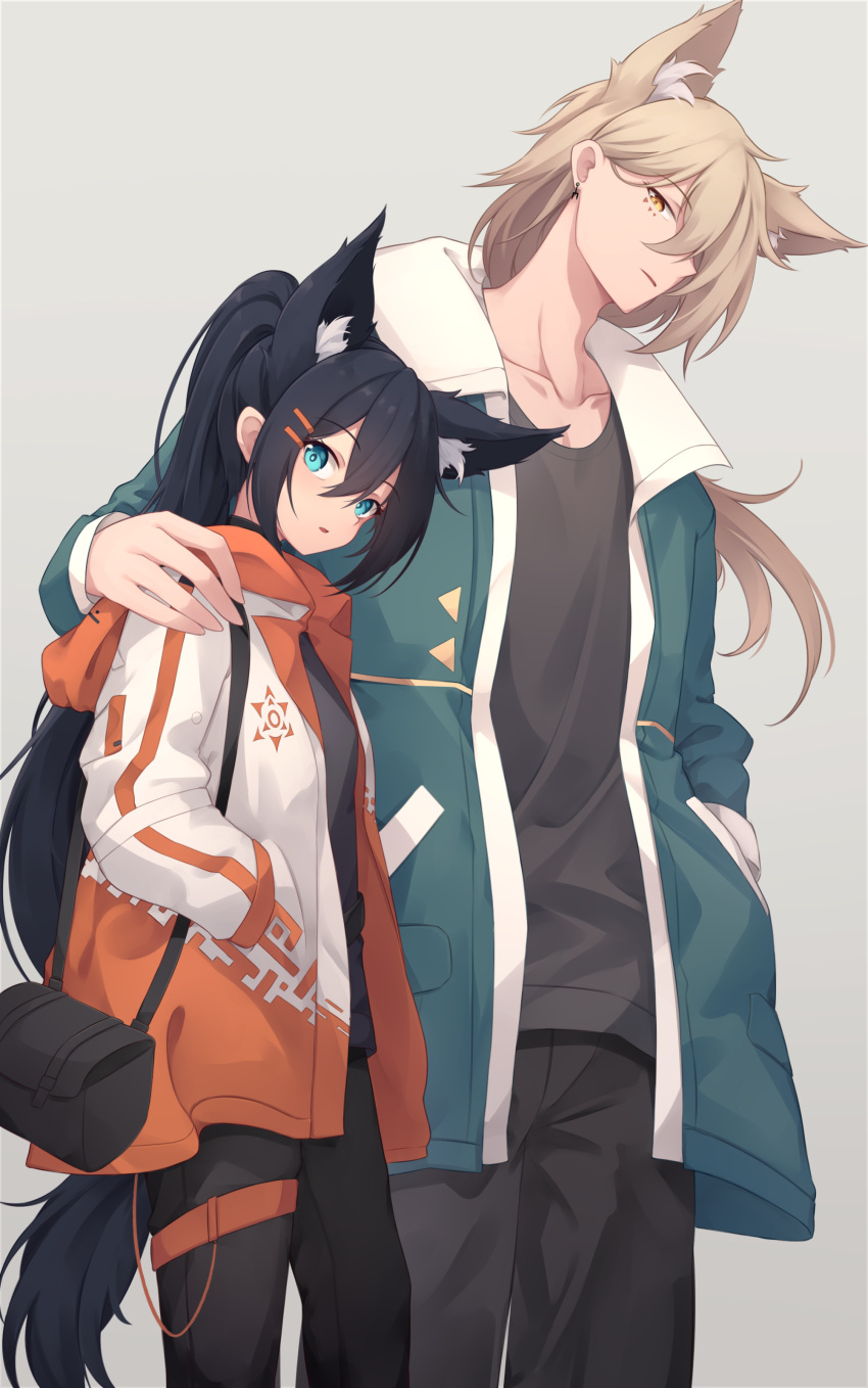 1boy, 1girl, absurdres, animal_ears, black_hair, black_pants, blonde_hair, blue_eyes