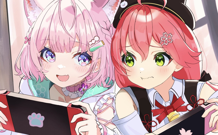 123haruno_oto, 2girls, ahoge, animal_ears, bell, beret, clothing_cutout, green_eyes