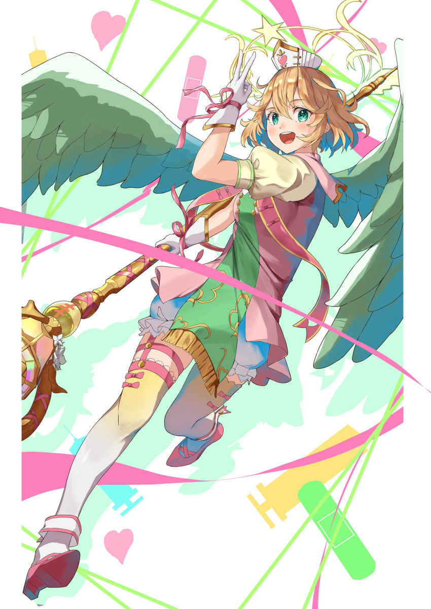 1girl, abi_(253seki), bandages, blonde_hair, breasts, feathered_wings, gloves, green_eyes
