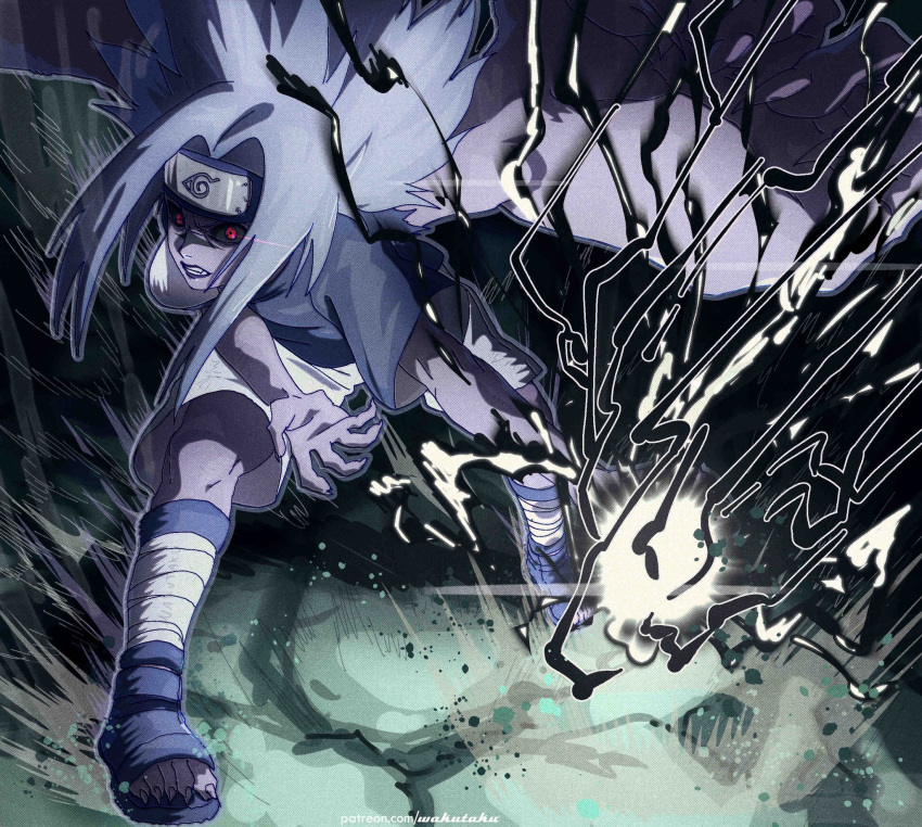 1boy, alternate_form, blue_shirt, chidori_(naruto), clenched_teeth, colored_sclera, colored_skin, curse_seal, electricity, extra_arms, facial_mark, fingernails, grey_hair, grey_skin, headband, high_collar, highres, hunched_over, konohagakure_symbol, long_hair, looking_at_viewer, male_focus, naruto, naruto_(series), purple_lips, red_eyes, sandals, sharingan, sharp_fingernails, sharp_toenails, shirt, short_sleeves, shorts, taku_(aywakutakuay), teeth, toenails, uchiha_sasuke, white_shirt, winged_arms, wings