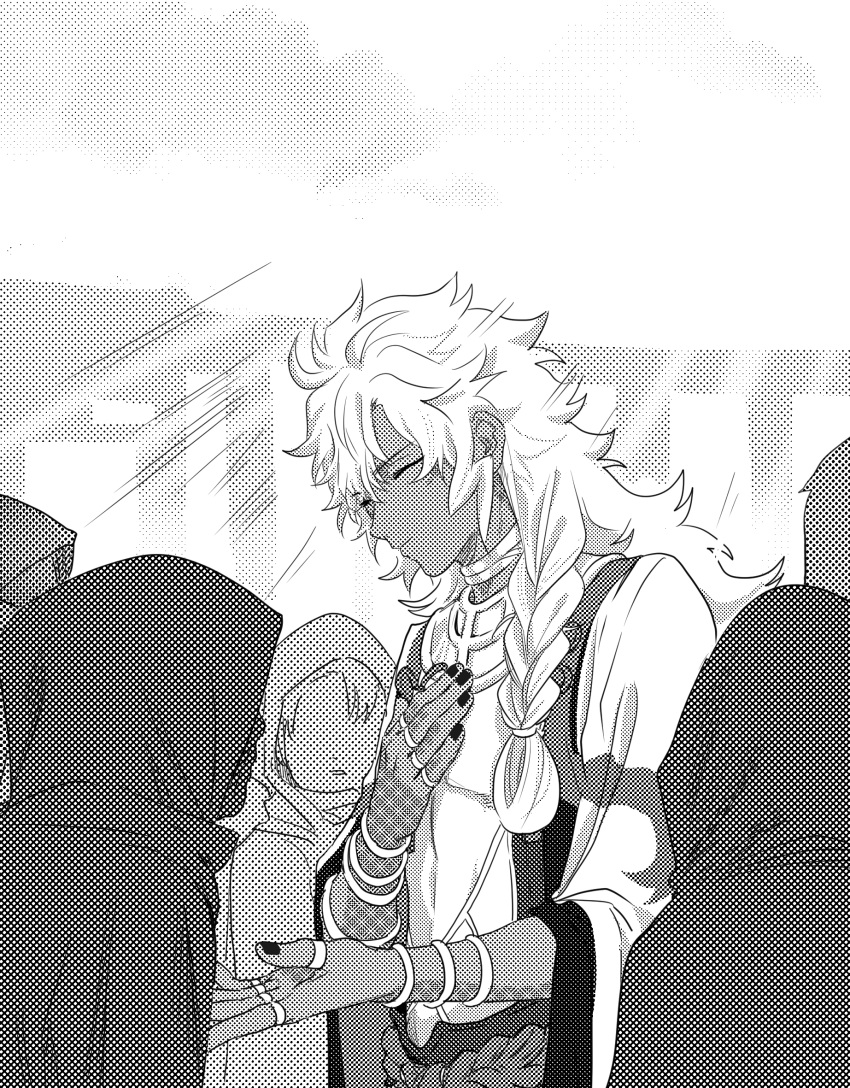 1boy, 5others, ^_^, bracelet, braid, cloak, closed_eyes, closed_mouth, crowd, dark-skinned_male, dark_skin, facing_another, fate/grand_order, fate_(series), greyscale, hair_over_shoulder, hand_on_own_chest, highres, hood, hood_up, hooded_cloak, jewelry, light_rays, long_hair, long_sleeves, male_focus, monochrome, multiple_others, multiple_rings, nail_polish, neck_ring, no_tattoo, open_clothes, open_robe, outstretched_hand, pen_(user_hjhs5877), people, ring, robe, screentones, shirt, side_braid, single_braid, smile, solomon_(fate), sunbeam, sunlight, thumb_ring, wide_sleeves