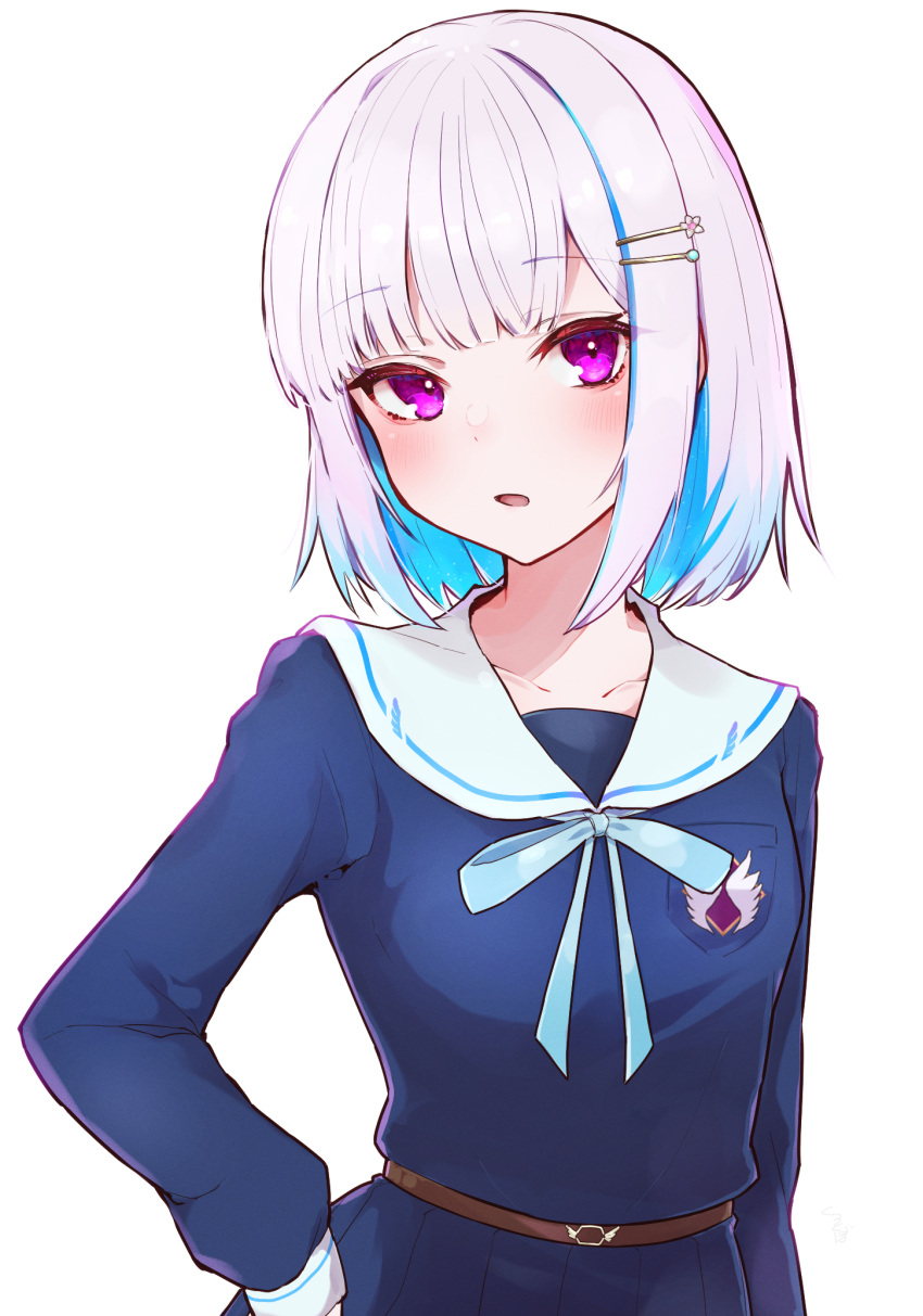 1girl, blunt_bangs, blush, bob_cut, hair_ornament, hands_on_own_hips, highres, kurokubo_(yakekubo)