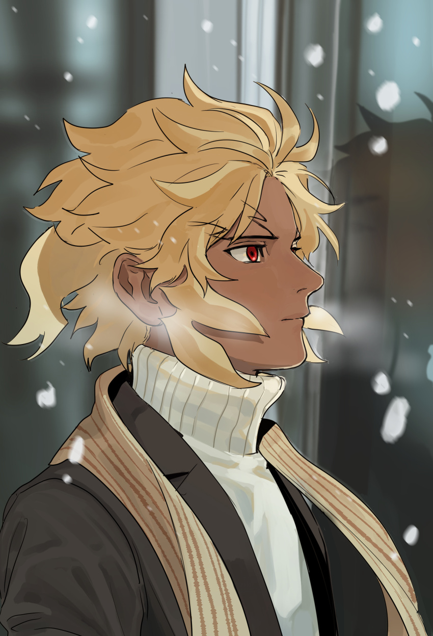 1boy, absurdres, alternate_costume, alternate_hair_length, alternate_hairstyle, black_coat, blonde_hair, blurry