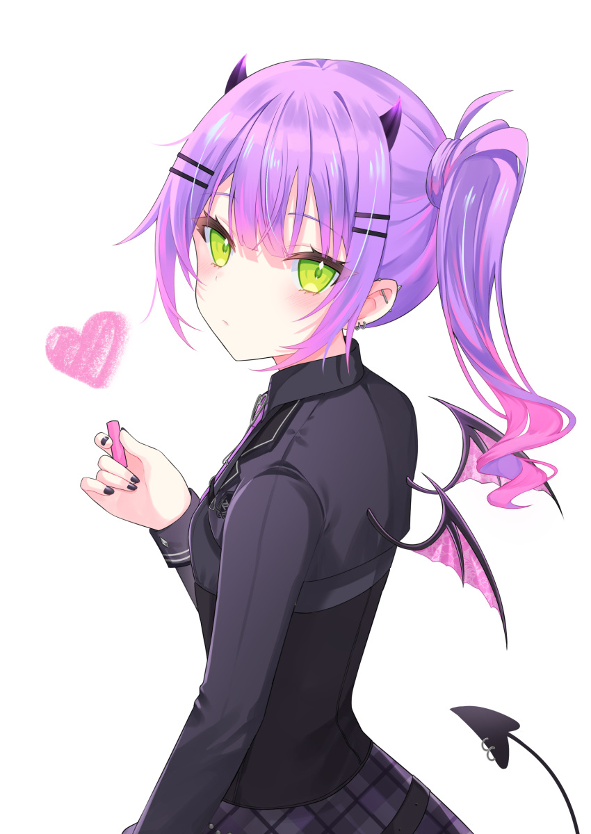 1girl, absurdres, barbell_piercing, black_corset, black_horns, black_nails, black_shirt, black_skirt, blush, chalk, collared_shirt, colored_inner_hair, commentary, corset, demon_girl, demon_horns, demon_tail, demon_wings, dress_shirt, drill_hair, drill_ponytail, ear_piercing, from_side, green_eyes, hair_ornament, hairclip, heart, highres, holding, holding_chalk, hololive, horns, industrial_piercing, long_hair, looking_at_viewer, mini_wings, multicolored_hair, nail_polish, necktie, official_alternate_costume, official_alternate_hairstyle, painting_(action), piercing, pink_hair, plaid_clothes, plaid_skirt, pointy_ears, purple_hair, purple_necktie, rocksnotrock, school_uniform, shirt, side_ponytail, sidelocks, simple_background, skirt, sleeve_cuffs, solo, spike_piercing, streaked_hair, tail, tail_ornament, tail_piercing, tokoyami_towa, tokoyami_towa_(school_uniform), tsurime, underbust, upper_body, virtual_youtuber, white_background, wings
