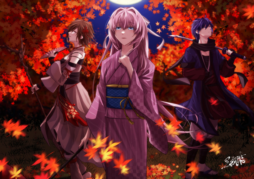 1boy, 2girls, absurdres, akahitoha_(vocaloid), black_scarf, blue_eyes, blue_hair, bow