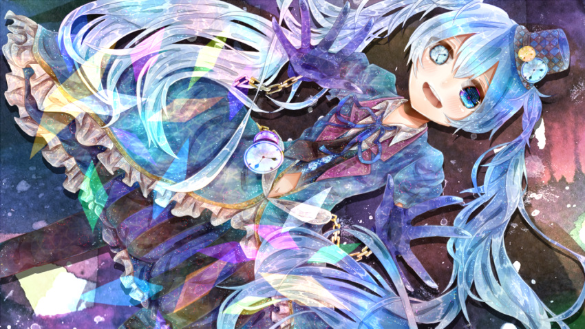 1girl, alternate_costume, aqua_eyes, aqua_hair, blue_eyes, chain, gloves, hair_between_eyes