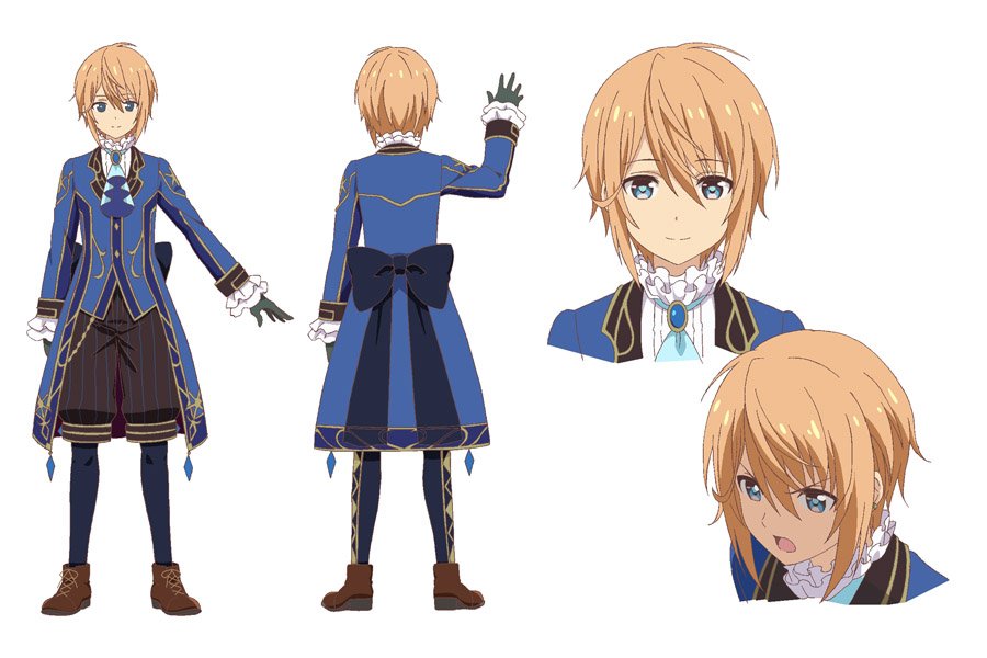 1boy, ascot, black_gloves, blue_eyes, earrings, full_body, gloves, grimms_notes
