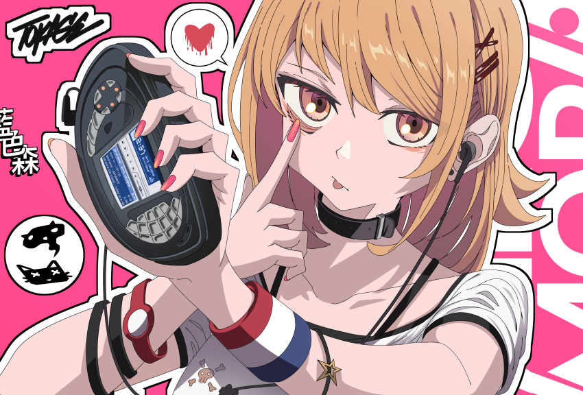 1girl, absurdres, akanbe, belt_collar, black_choker, black_wristband, breakdiamond, brown_eyes, brown_hair, choker, collar, collarbone, commentary, ear_piercing, earphones, english_commentary, eyelid_pull, hair_ornament, hairclip, handheld_game_console, heart, highres, holding, holding_handheld_game_console, looking_at_viewer, medium_hair, multicolored_wristband, nail_polish, nokia_n-gage, original, outline, piercing, pink_background, red_nails, shirt, short_sleeves, signature, simple_background, solo, spoken_heart, swept_bangs, tongue, tongue_out, white_outline, white_shirt
