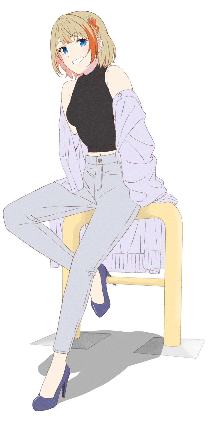 1girl, akitetsu, black_shirt, blue_eyes, blue_footwear, blush, braid, breasts