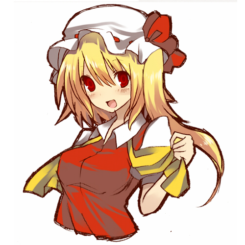 adult, blonde_hair, breasts, bust, flandre_scarlet, hat, lowres, oshiruko_(tsume)