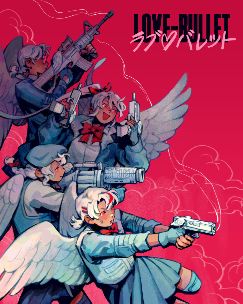 4girls, absurdres, aiming, angel_wings, atissiart, beret, blue_jacket, blue_shirt, bow, braid, bulletproof_vest, chiyo_(love-bullet), copyright_name, cupid, dual_wielding, elbow_pads, ena_(love-bullet), english_commentary, feathered_wings, fingerless_gloves, gloves, grenade_launcher, gun, hair_bow, handgun, hat, heart, heart-shaped_eyewear, highres, holding, holding_gun, holding_weapon, jacket, kanna_(love-bullet), knee_pads, koharu_(love-bullet), love-bullet, multicolored_hair, multiple_girls, open_clothes, open_jacket, pleated_skirt, ponytail, red_background, red_bow, red_eyes, redhead, rifle, scope, shirt, short_twintails, skirt, streaked_hair, submachine_gun, sweatdrop, twintails, weapon, white_hair, white_shirt, wings