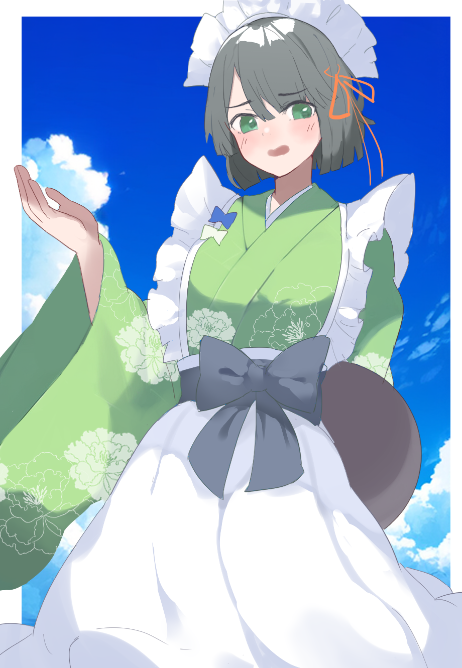 1girl, alternate_costume, black_hair, blue_sky, blunt_bangs, blunt_ends, blush, border