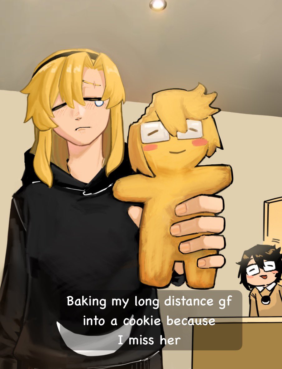 2girls, baking_my_long_distance_bf_into_a_cookie_because_i_miss_him_(meme), black_hair, black_hoodie, blonde_hair, blush, brown_shirt, closed_eyes, cookie, door, english_text, food, gingerbread_cookie, glasses, gmeg011, hood, hoodie, koishikawa_iko, long_hair, meme, momijiyama_teru, multiple_girls, scar_across_eyebrow, shirt, short_hair, shy_(series), tearing_up
