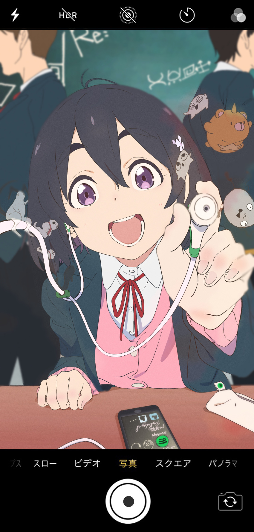 1girl, 2boys, :d, absurdres, black_hair, blue_jacket, brown_hair, cellphone