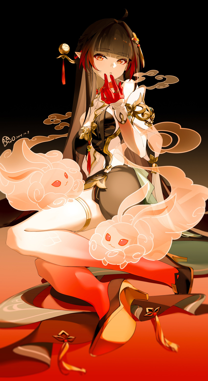 1girl, absurdres, black_hair, breasts, brown_hair, chinese_clothes, colored_extremities, dress, full_body, gloves, hair_ornament, high_heels, highres, honkai:_star_rail, honkai_(series), lingsha_(honkai:_star_rail), long_hair, looking_at_viewer, noi_(nuoyawupengchuan), red_eyes, sitting, solo