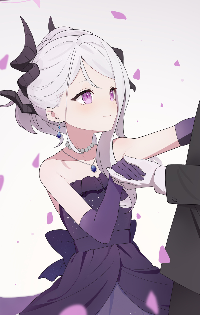 1boy, 1girl, absurdres, blue_archive, blush, collarbone, dress, earrings, elbow_gloves, gem, gloves, highres, hina_(blue_archive), hina_(dress)_(blue_archive), horns, jewelry, liago, light_blush, light_smile, necklace, pearl_necklace, purple_dress, purple_petals, sensei_(blue_archive), smile, tuxedo, violet_eyes, white_background, white_gloves, white_hair