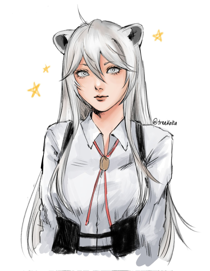 1girl, animal_ears, breasts, commentary, corrupted_twitter_file, ekar1n, grey_eyes, grey_hair