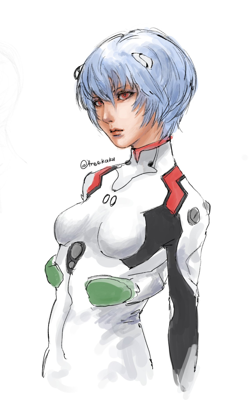1girl, ayanami_rei, blue_eyes, bodysuit, breasts, commentary, ekar1n, expressionless, hashtag-only_commentary, highres, interface_headset, neon_genesis_evangelion, plugsuit, red_eyes, short_hair, signature, small_breasts, solo, twitter_username, upper_body, white_bodysuit