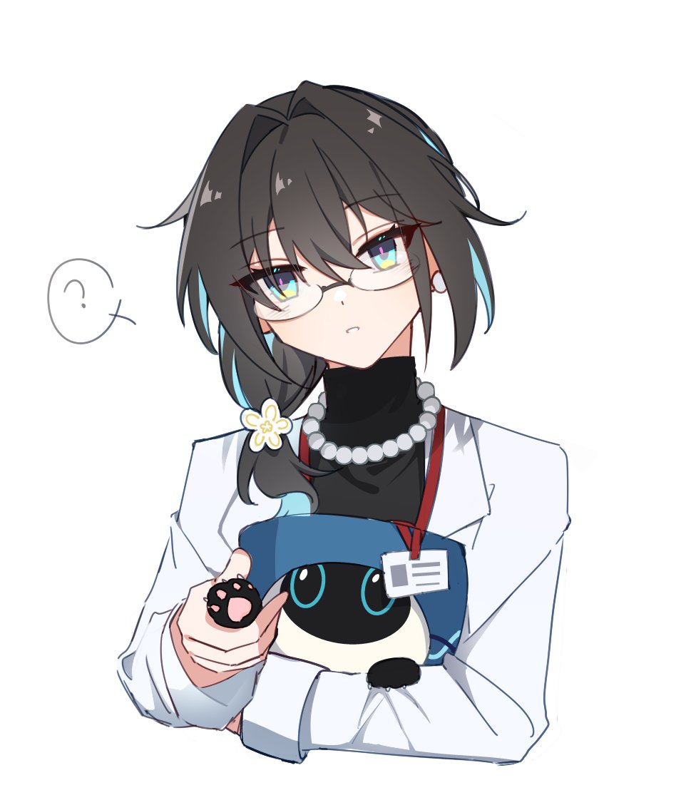 1girl, alternate_costume, animal_hands, bead_necklace, beads, creature, critter_pick_(honkai:_star_rail), glasses