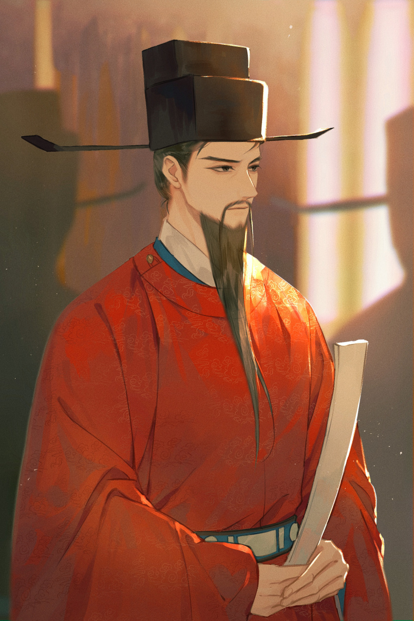1boy, absurdres, beard, black_eyes, black_hair, chinese_clothes, facial_hair, futou