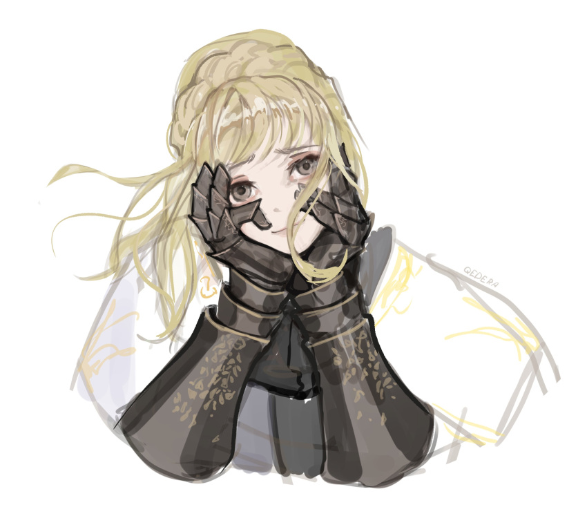1girl, absurdres, armor, armored_gloves, blonde_hair, braid, cloak, crown_braid