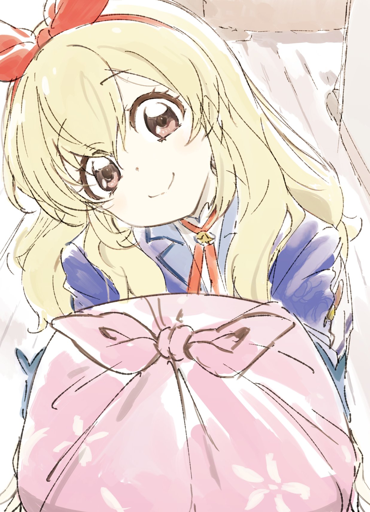 1girl, aikatsu!, aikatsu!_(series), blonde_hair, blue_jacket, bow, bow_hairband, dot_nose