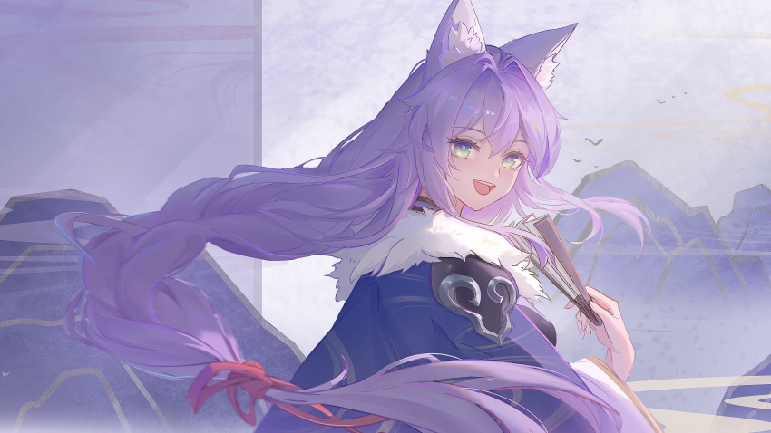 1girl, :d, absurdres, animal_ear_fluff, animal_ears, baiheng_(honkai:_star_rail), bird, braid