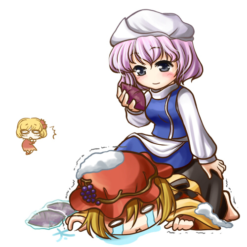3girls, :<, :x, aki_minoriko, aki_shizuha, blonde_hair, chibi, chibi_inset