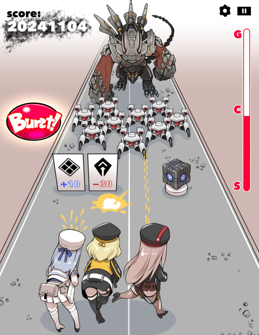 3girls, anis_(nikke), bandolier, belt, belt_pouch, beret, blonde_hair, brown_hair