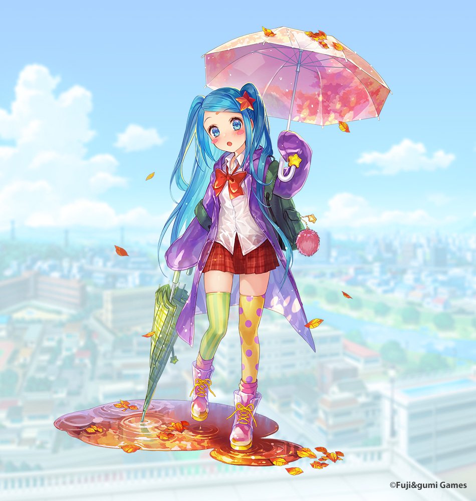 1girl, aqua_hair, autumn_leaves, backpack, bag, blue_eyes, blue_hair, blush, bow, bowtie, closed_umbrella, collared_shirt, dress_shirt, full_body, green_bag, green_thighhighs, green_umbrella, holding, holding_umbrella, long_hair, long_sleeves, looking_at_viewer, official_alternate_costume, official_art, phantom_of_the_kill, pink_footwear, pink_umbrella, plaid_clothes, plaid_skirt, purple_raincoat, red_bow, red_bowtie, red_skirt, school_uniform, second-party_source, shirt, skirt, solo, thigh-highs, trident_(phantom_of_the_kill), twintails, two_side_up, umbrella, white_shirt, yamori_(gumi), yellow_thighhighs