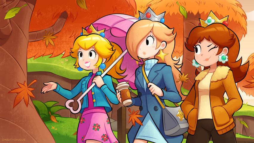 3girls, absurdres, alternate_costume, artist_name, autumn, autumn_leaves, blonde_hair, blue_coat