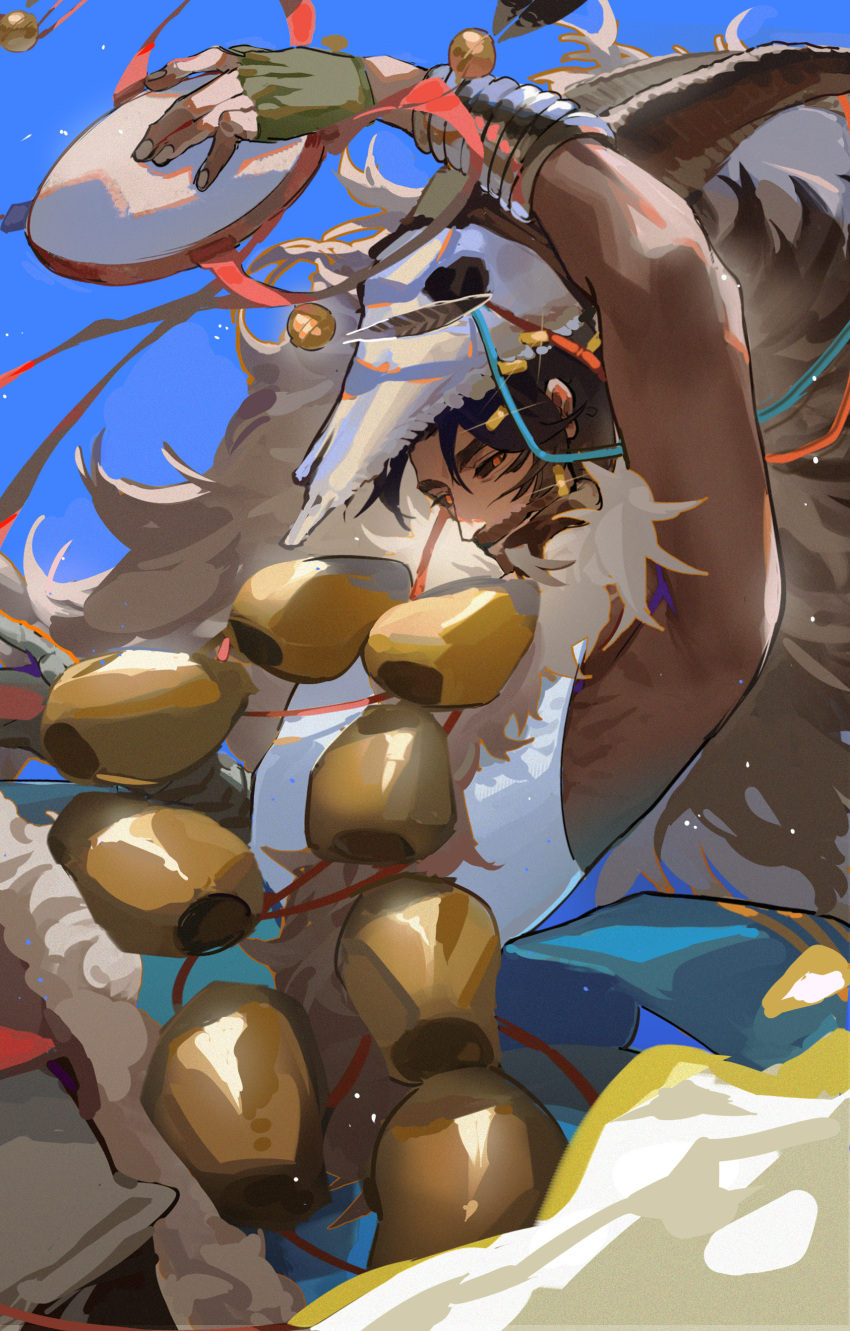 1boy, absurdres, akarinchan, animal_skull, arm_up, armpits, beard, bell, black_sclera, blue_background, bracelet, brown_hair, closed_mouth, colored_sclera, dark-skinned_male, dark_skin, facial_hair, from_side, highres, holding, holding_instrument, instrument, jewelry, long_hair, male_focus, mask, mask_on_head, mature_male, mustache, reverse:1999, shaman, shamane, skull_mask, smile, solo, tank_top, very_long_hair, white_tank_top, yellow_eyes