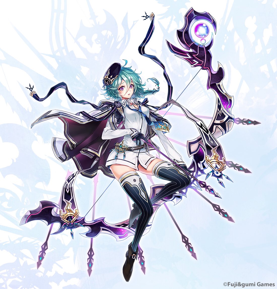 1girl, abaris_(phantom_of_the_kill), arrow_(projectile), ayi, belt, black_belt, black_footwear, black_hat, black_thighhighs, blue_necktie, bow_(weapon), braid, cloak, collared_shirt, dress_shirt, floating_cape, floating_hair, full_body, green_hair, hair_between_eyes, hat, holding, holding_arrow, holding_bow_(weapon), holding_weapon, huge_weapon, looking_at_viewer, necktie, official_art, orb, oversized_clothes, oversized_shirt, phantom_of_the_kill, purple_cloak, second-party_source, shirt, short_shorts, shorts, simple_background, solo, thigh-highs, thighs, two-sided_cloak, two-sided_fabric, violet_eyes, weapon, white_cloak, white_shirt