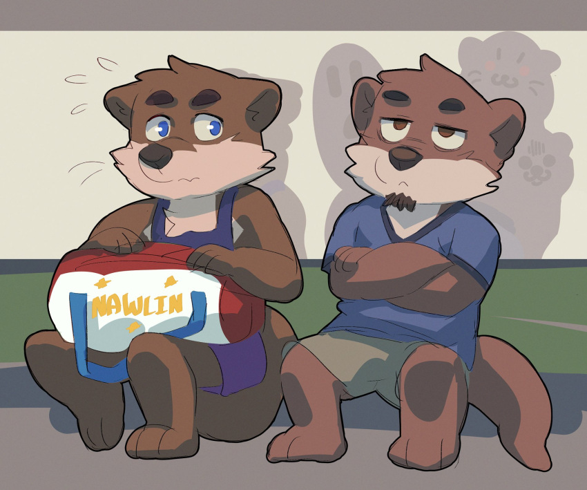 2boys, animal_ears, bag, barefoot, blue_eyes, blue_shirt, blue_shorts, blue_tank_top, brown_eyes, brown_shorts, chase_hunter, chibi, cody_laurent_(northern_lights), crimsonrabbit_(crimsonann), crossed_arms, duffel_bag, empty_eyes, english_commentary, facial_hair, flying_sweatdrops, furry, furry_male, goatee, highres, holding, holding_bag, male_focus, multiple_boys, norther_lights_(visual_novel), otter_boy, otter_ears, otter_tail, samuel_ayers_(the_smoke_room), scared, shadow, shirt, shorts, socket_man_(echo), tail, tank_top, the_embrace_(echo), the_smoke_room, v-neck, whiskers
