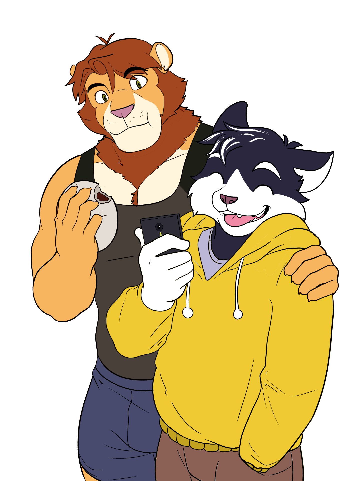 2boys, animal_ears, arm_around_shoulder, baozi, black_shirt, black_tank_top, blue_shorts, brown_pants