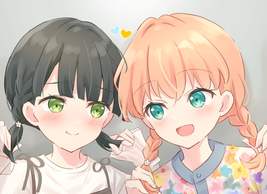2girls, :d, :i, alternate_costume, alternate_hairstyle, aqua_eyes, black_hair, blunt_bangs