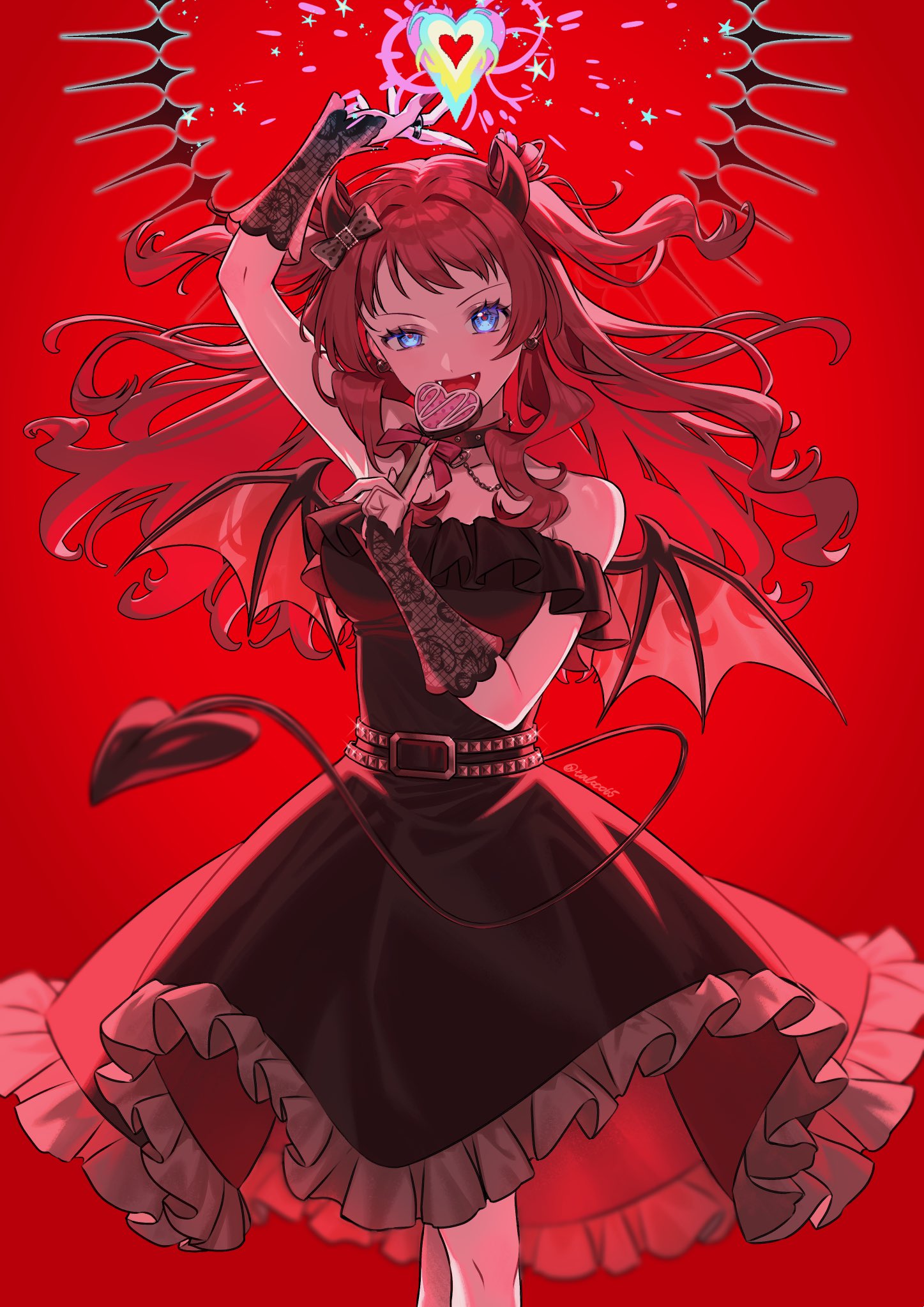 1girl, black_dress, blue_eyes, demon_tail, demon_wings, dress, fake_tail, fake_teeth