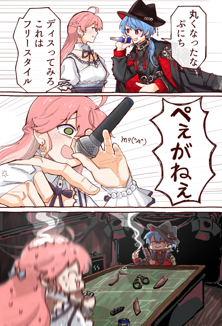 ^_^, ahoge, anger_vein, angry, black_shirt, blue_hair, blurry, cigarette