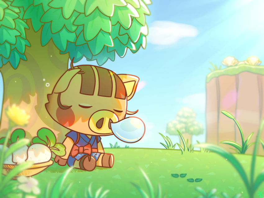 1girl, ahoge, animal_crossing, animal_ears, blue_dress, bow, brown_hair, closed_eyes