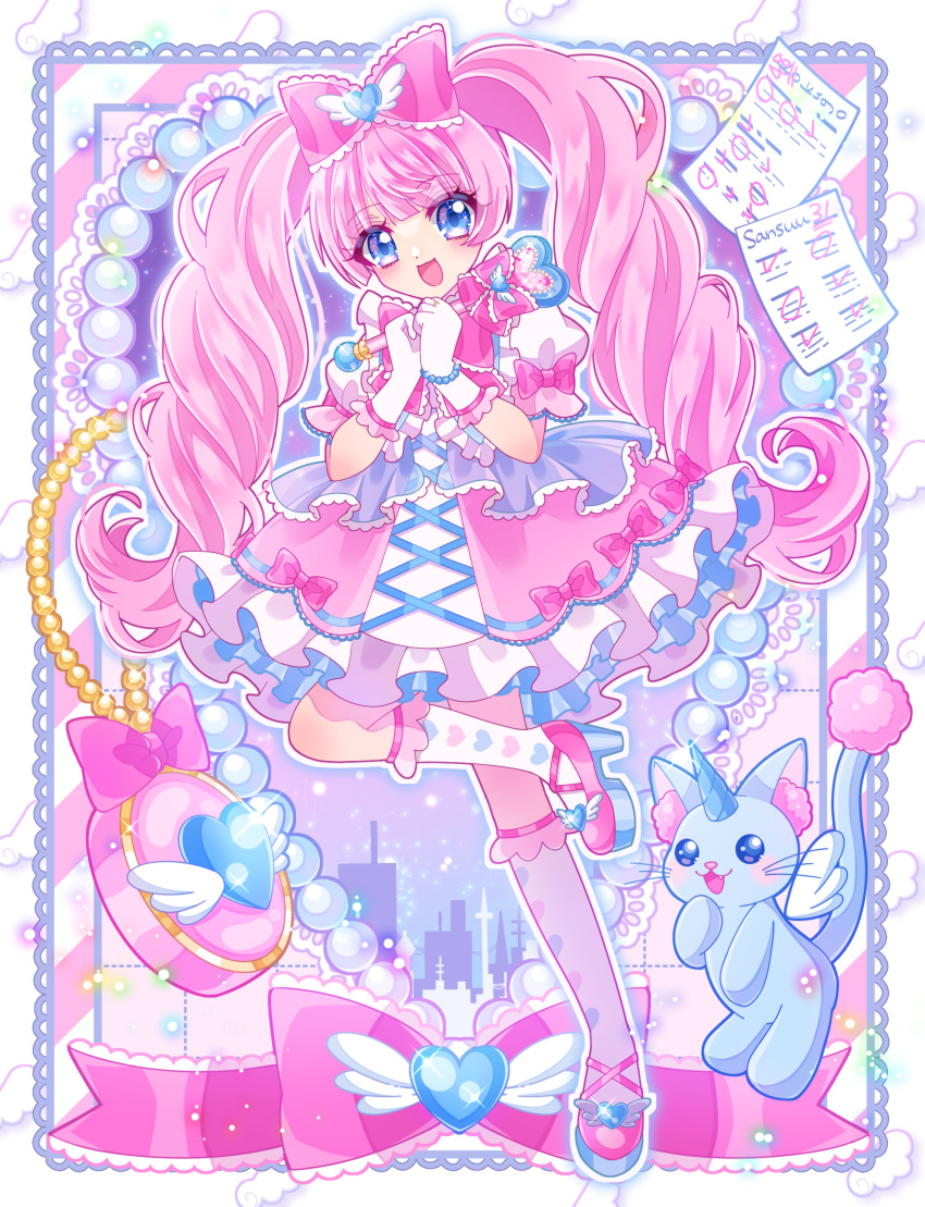 1girl, absurdres, blue_eyes, bow, cat, commentary_request, creature, dress