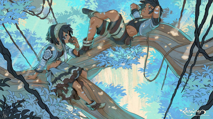 1boy, 1girl, aerial_root, ann_maulina, black_hair, couple, crop_top, drawstring_bag
